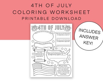 4th Of July Worksheet, Independence Day Fill in the Blank Fact Sheet, Coloring Page, History of July 4th for Kids and Teens, United States