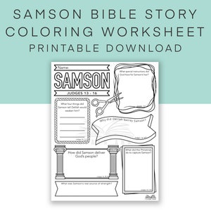 Samson Bible Story Worksheet, Sunday School Coloring Page, Samson and Delilah Discussion Questions, Bible Activities for Kids and Teens