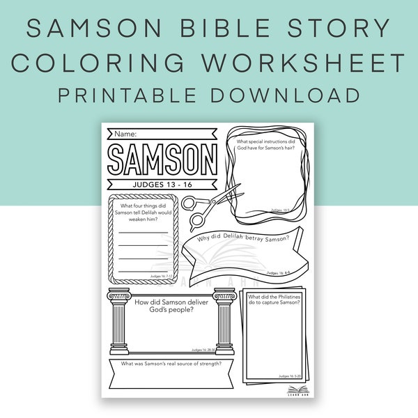 Samson Bible Story Worksheet, Sunday School Coloring Page, Samson and Delilah Discussion Questions, Bible Activities for Kids and Teens