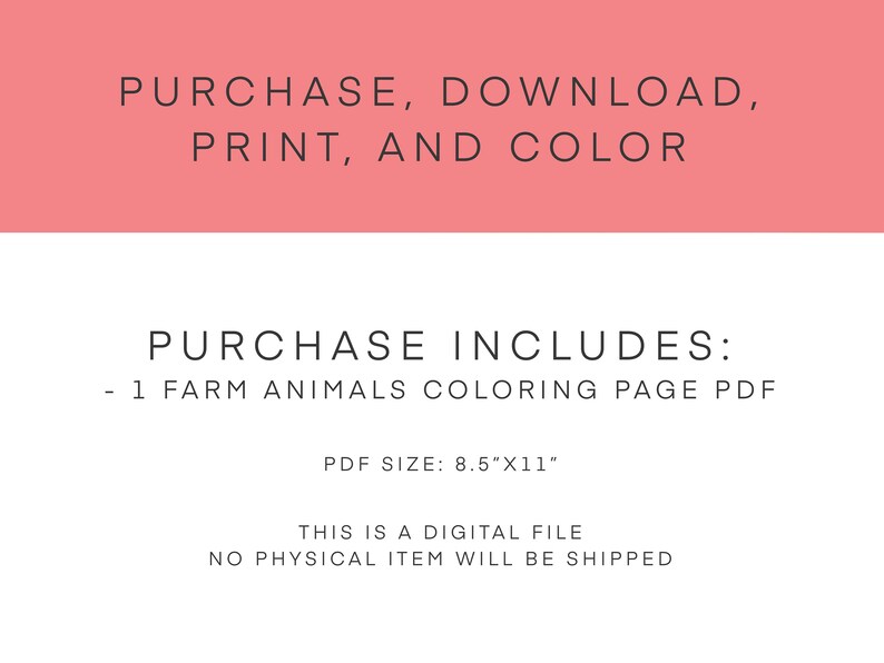 May include: Printable coloring page featuring farm animals. The PDF is 8.5 inches by 11 inches.