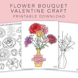 Artisanat de la Saint-Valentin avec bouquet de fleurs pour enfants, créations découpées et collées pour la Saint-Valentin, activité à imprimer, jolie carte de la Saint-Valentin à faire soi-même, activité florale