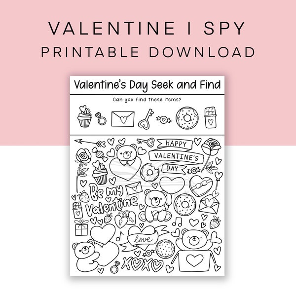 Valentine's Day Seek and Find Coloring Page Printable, I Spy Activity Sheet, Heart Worksheet Download, Valentine's Day Puzzle for Classroom