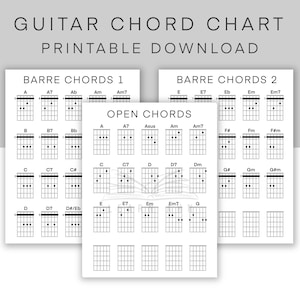 Tabla de acordes de guitarra Descarga imprimible, PDF imprimible, Tabla de acordes de guitarra para principiantes, Descarga digital de hoja de acordes básicos, Aprender a tocar la guitarra