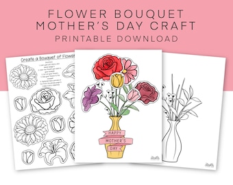 Flower Bouquet Mother's Day Craft for Kids, Cut and Paste Mom Craft, Printable Activity, Cute Mother's Day Card DIY, Flower Activity