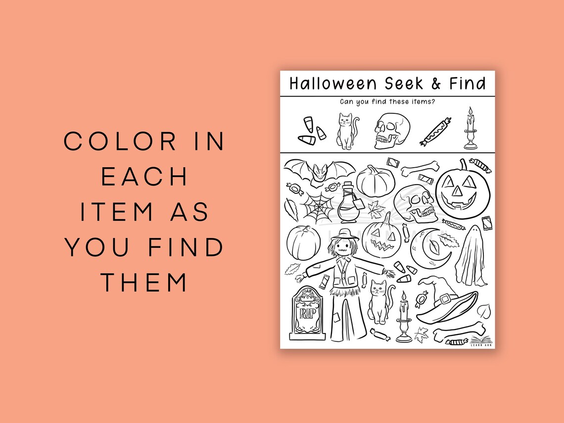 Halloween Seek and Find Coloring Page Printable, Spooky I Spy Activity ...
