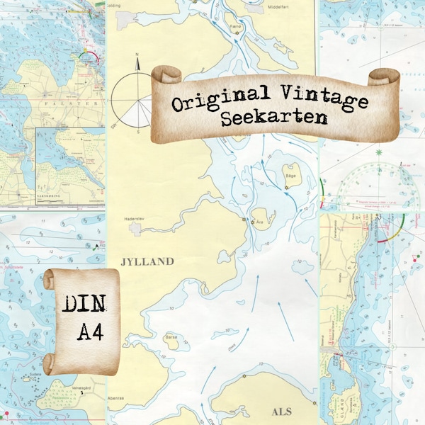 Originale Seekarten im A4 Format zugeschnitten, Vintage Seekarten zum Basteln, Alte Seekarten als Ephemera Papier und Scrapbooking Material