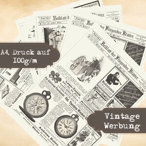 Vintage Werbung Ephemera auf cremefarbenen Papier für Junk Journal und Collagen, Deutsche Werbung als Ephemera, Vintage Seiten