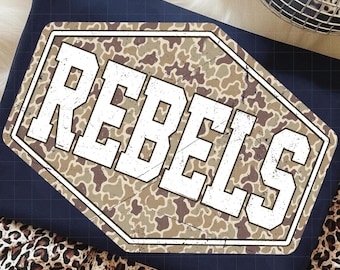 Rebels PNG, Retro Camo Mascot Varsity Distressed Design, School Spirit Sports Team Sublimation, Game Day Shirt Design, Team Pride PNG