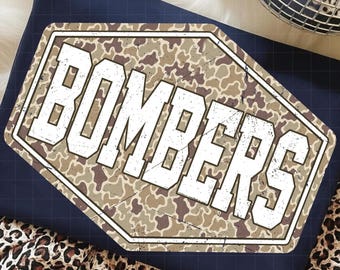 Bombers PNG, Retro Camo Mascot Varsity Distressed Design, School Spirit Sports Team Sublimation, Game Day Shirt Design, Team Pride PNG