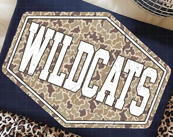 Wildcats PNG, Retro Camo Mascot Varsity Distressed Design, School Spirit Sports Team Sublimation, Game Day Shirt Design, Team Pride PNG