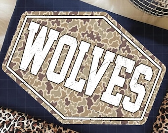 Wolves PNG, Retro Camo Mascot Varsity Distressed Design, School Spirit Sports Team Sublimation, Game Day Shirt Design, Team Pride PNG