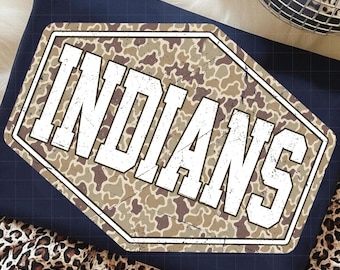 Indians PNG, Retro Camo Mascot Varsity Distressed Design, School Spirit Sports Team Sublimation, Game Day Shirt Design, Team Pride PNG