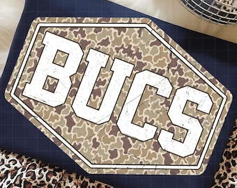 Bucs PNG, Retro Camo Mascot Varsity Distressed Design, School Spirit Sports Team Sublimation, Game Day Shirt Design, Team Pride PNG