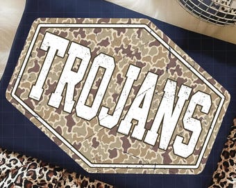Trojans PNG, Retro Camo Mascot Varsity Distressed Design, School Spirit Sports Team Sublimation, Game Day Shirt Design, Team Pride PNG