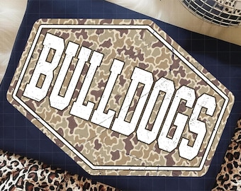 Bulldogs PNG, Retro Camo Mascot Varsity Distressed Design, School Spirit Sports Team Sublimation, Game Day Shirt Design, Team Pride PNG