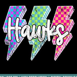Hawks Mascot Png Lightning Bolt Checkered Png Retro Hawks Sublimation, Game Day Png Neon Lightning Hawks Mascot PNG Bright Hawks Design Png