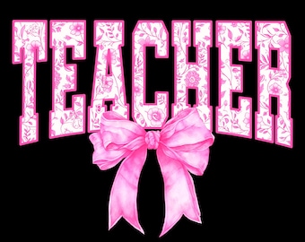 Teacher Floral Toile Pink Water Color Coquette Bow Clip Art Printable, Coquette Bow Teacher Png, Varsity Teach Png, Teacher Gift PNG
