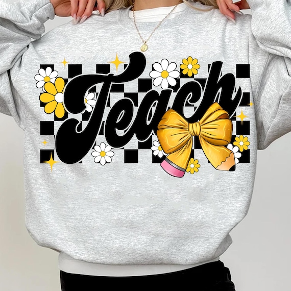 Teach Checkered Coquette Bow Design, Teacher Floral png, Teacher groovy png, Teacher groovy, Teacher graphic, floral Teacher png