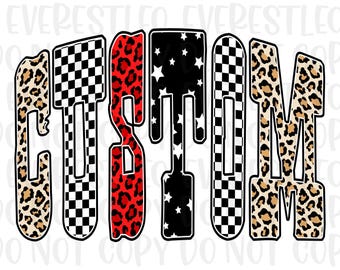 Sublimación de letras universitarias personalizadas, diseño de camiseta Spirit con estampado de leopardo, estrellas, cuadros en blanco y negro, descarga digital