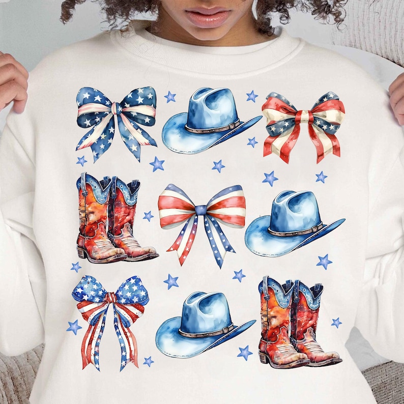 May include: White sweatshirt with a repeated pattern of red, white, and blue cowboy hats, boots, and bows. The design is reminiscent of the American flag.