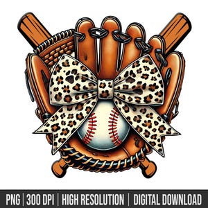 以下が含まれることがあります： 茶色の革製の野球グローブに白い野球ボールが入っています。グローブとボールの周りにヒョウ柄のリボンが結ばれています。