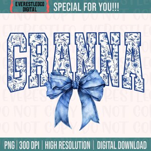 Digitaal png-bestand Granna Floral Toile blauw water kleur coquette Bow illustraties afdrukbare glijbaan DTF DTG sublimatie ontwerp INSTANT DOWNLOAD