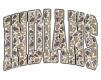 Indians Retro Camo Mascot PNG, Distressed Vintage Spirit Wear Design, Game Day Team Shirt Sublimation, School Sports Mascot Printable PNG