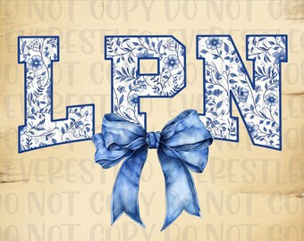 LPN Nurse Floral Toile Blue Water Color Coquette Bow Clip Art Printable Waterslide Dtf Dtg Sublimation Design INSTANT DOWNLOAD