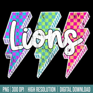 Lions Mascot Png Lightning Bolt Checkered Png Retro Lions Sublimation, Game Day Png Neon Lightning Eagles Lions  PNG Bright Lions Design Png