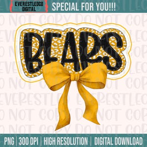 Bears Typography Mascot Yellow Gold Coquette Bow, Leopard Bears Mascot PNG, Bears Mama Shirt Design, Bears Fan, Bears Mascot