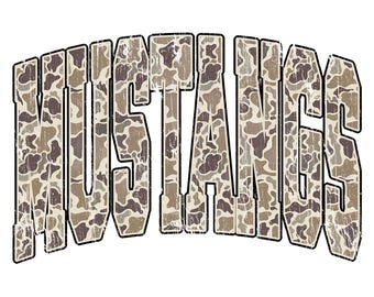 Mustangs Retro Camo Mascot PNG, Distressed Vintage Spirit Wear Design, Game Day Team Shirt Sublimation, School Sports Mascot Printable PNG