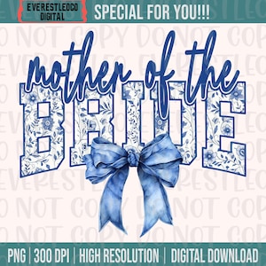 Digitaal png-bestand moeder van de bruid bloemen toile blauw water kleur coquette strik kunst afdrukbare dtf dtg sublimatie ontwerp INSTANT DOWNLOAD