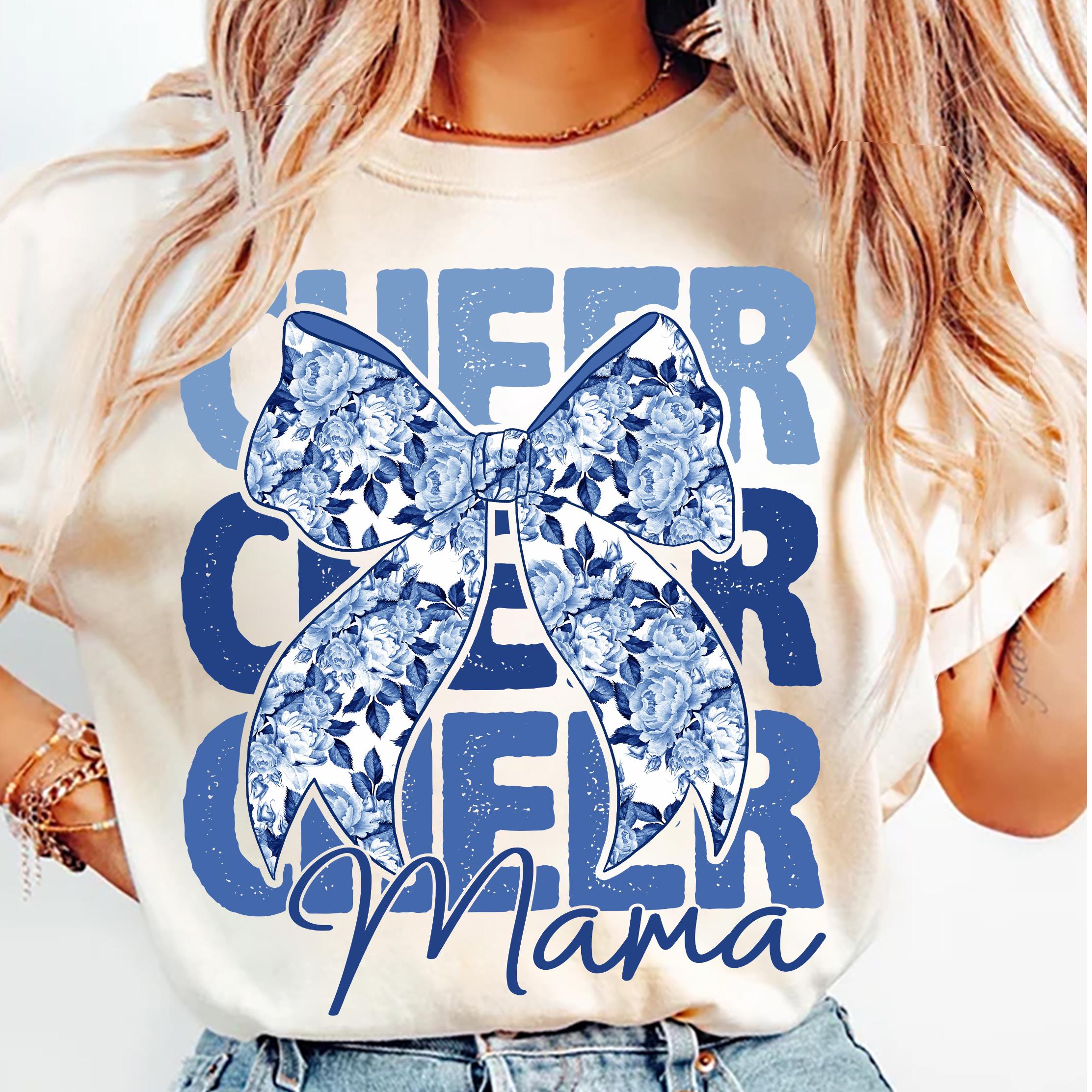Cheer Mama Floral Toile Blue Water Color Coquette Bow Clip Art Printable Waterslide Dtf Dtg Sublimation Design, Cheerleading Mom Png