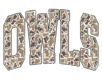 Owls Retro Camo Mascot PNG, Distressed Vintage Spirit Wear Design, Game Day Team Shirt Sublimation, School Sports Mascot Printable PNG