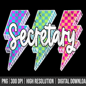 Secretary Png Lightning Bolt School Secretary Png, Back To School Png, Neon Secretary Shirt Png, Retro Png, Checkered Png, School Secretary