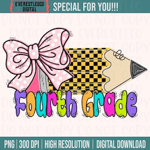 Fourth Grade PNG, 4th grade Coquette Bow, Back to School, Grade, Elementary, Pencil, checkered, School, Youth, Bow, Girl | DIGITAL Download