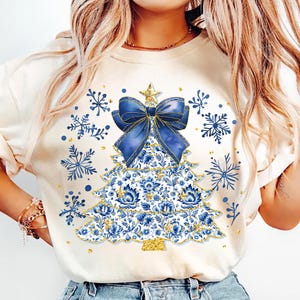 Blue Christmas Tree Png Merry and Bright Glitter Christmas Png Chinoiserie Christmas Dalmatian dots Christmas Bows Trendy Png Blue Toile Bow