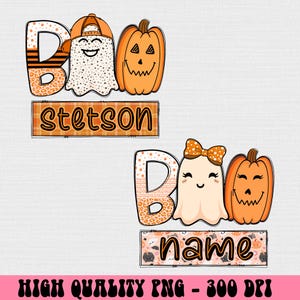 Puede incluir: Diseño temático de Halloween con la palabra "Boo", un fantasma y una calabaza. La letra "B" tiene un patrón de rayas naranja y negro. El nombre "stetson" está debajo. Un segundo diseño tiene el nombre "name".