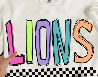LIONS Png, Colorful Lions Mascot Checkered,Retro Lions Sublimation, Game Day Png, Lions Shirt, Lions Mascot Png, Neon Lions Png, DTF, DTG