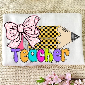 Teacher Checkered Pencil Coquette Bow Design, Colorful Teacher png, Teacher groovy png, Teacher groovy, Teacher graphic, floral Teacher png