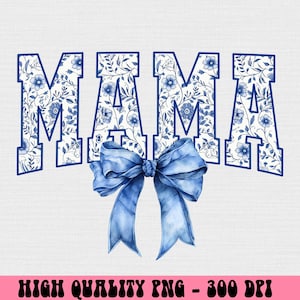 Digitaal png-bestand mama bloemen toile blauw water kleur coquette boog clip art afdrukbare glijbaan dtf dtg sublimatie ontwerp INSTANT DOWNLOAD
