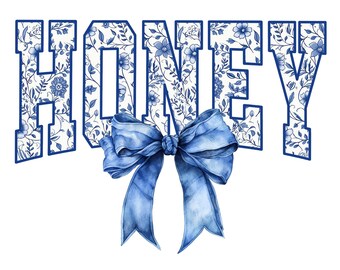 Honey Floral Toile Blue Water Color Coquette Bow Clip Art Stampabile Waterslide Dtf Dtg Sublimazione Design DOWNLOAD IMMEDIATO