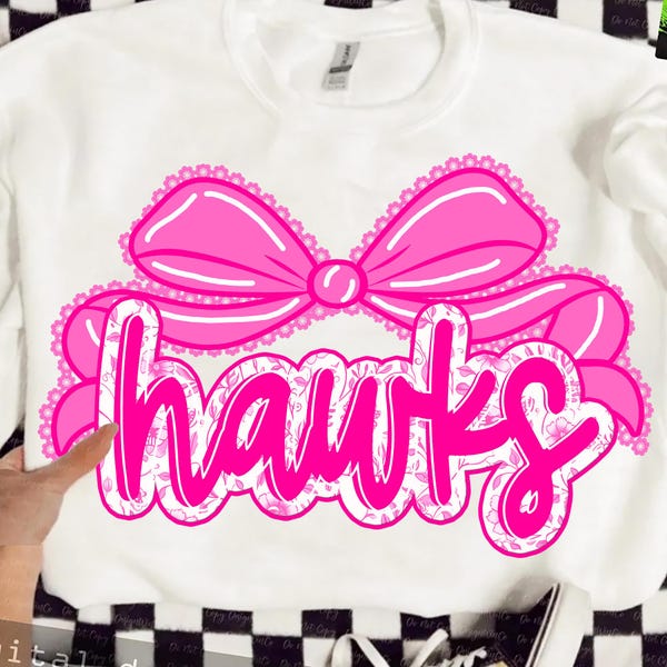 Hawks Png, Hawks Mascot Floral Toile Pink Water Color Coquette Bow, Team PNG, School, Mascot Team name, Fall, Sport, School Spirit Png