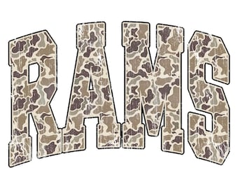 Rams Retro Camo Mascot PNG, Distressed Vintage Spirit Wear Design, Game Day Team Shirt Sublimation, School Sports Mascot Printable PNG