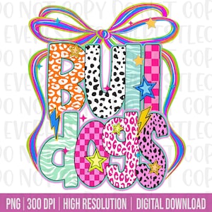 Bulldogs PNG, Preppy School Spirit PNG, Preppy Mascot Png, Hand Drawn Png, Mascot Png, Neon Coqutte Bow Bulldogs Mascot PNG Trending Png