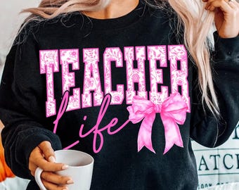 Teacher Life Floral Toile Pink Water Color Coquette Bow Clip Art Printable, Coquette Bow Teacher Png, Varsity Teach Png, Teacher Gift PNG
