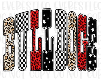 Bulldogs PNG, Bulldogs Mascot Varsity Letters Sublimation, Leopard Star Checkered Black and White Spirit Shirt Design, Digital Download