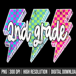 2nd grade Png Lightning Bolt Second Grade Png, Back To School Png, Neon 2nd Grade Png, Girl&#39;s Second Grade Shirt Png, Retro Png, Checkered