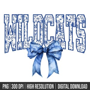 Digital Png File Wildcats Floral Toile Blue Water Color Coquette Bow Clip Art Printable Dtf Dtg Sublimation Design INSTANT DOWNLOAD