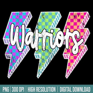 Warriors Mascot Png Lightning Bolt Checkered Png Retro Warriors Sublimation, Game Day Png Neon Lightning Warriors Mascot PNG Bright Warriors